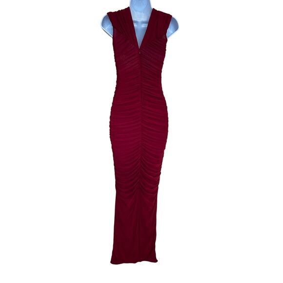 Ronny Kobo Red Ruched Maxi Dress MEDIUM Cutout Slinky Jersey Gown Designer $468 - Picture 8 of 13